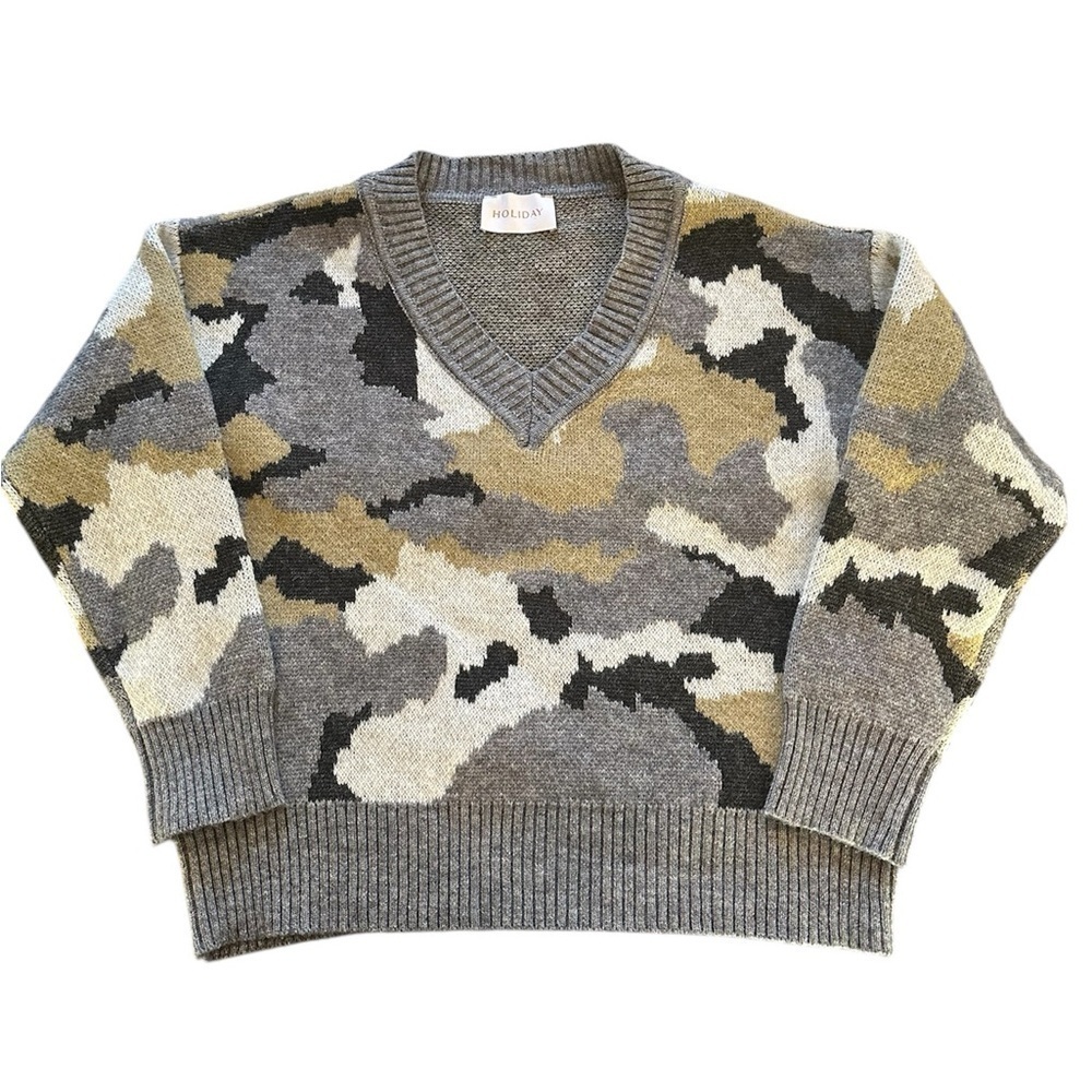 HOLIDAY camo‎ v neck sweater cropped small gray tan cream